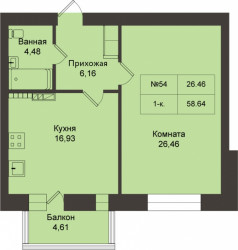 Однокомнатная квартира 58.64 м²