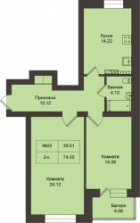 Двухкомнатная квартира 74.05 м²