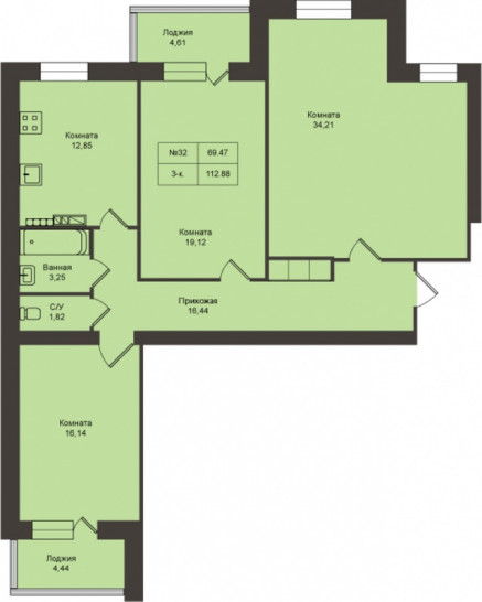 Однокомнатная квартира 112.88 м²