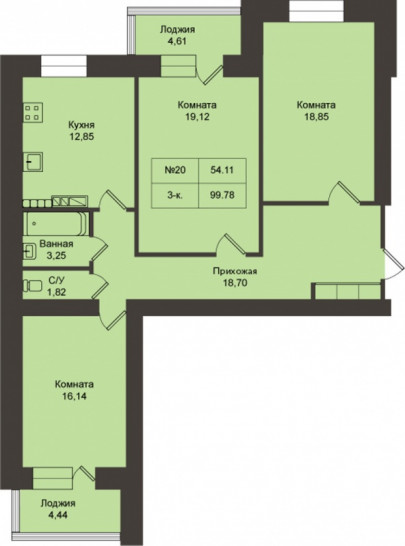 Однокомнатная квартира 99.78 м²